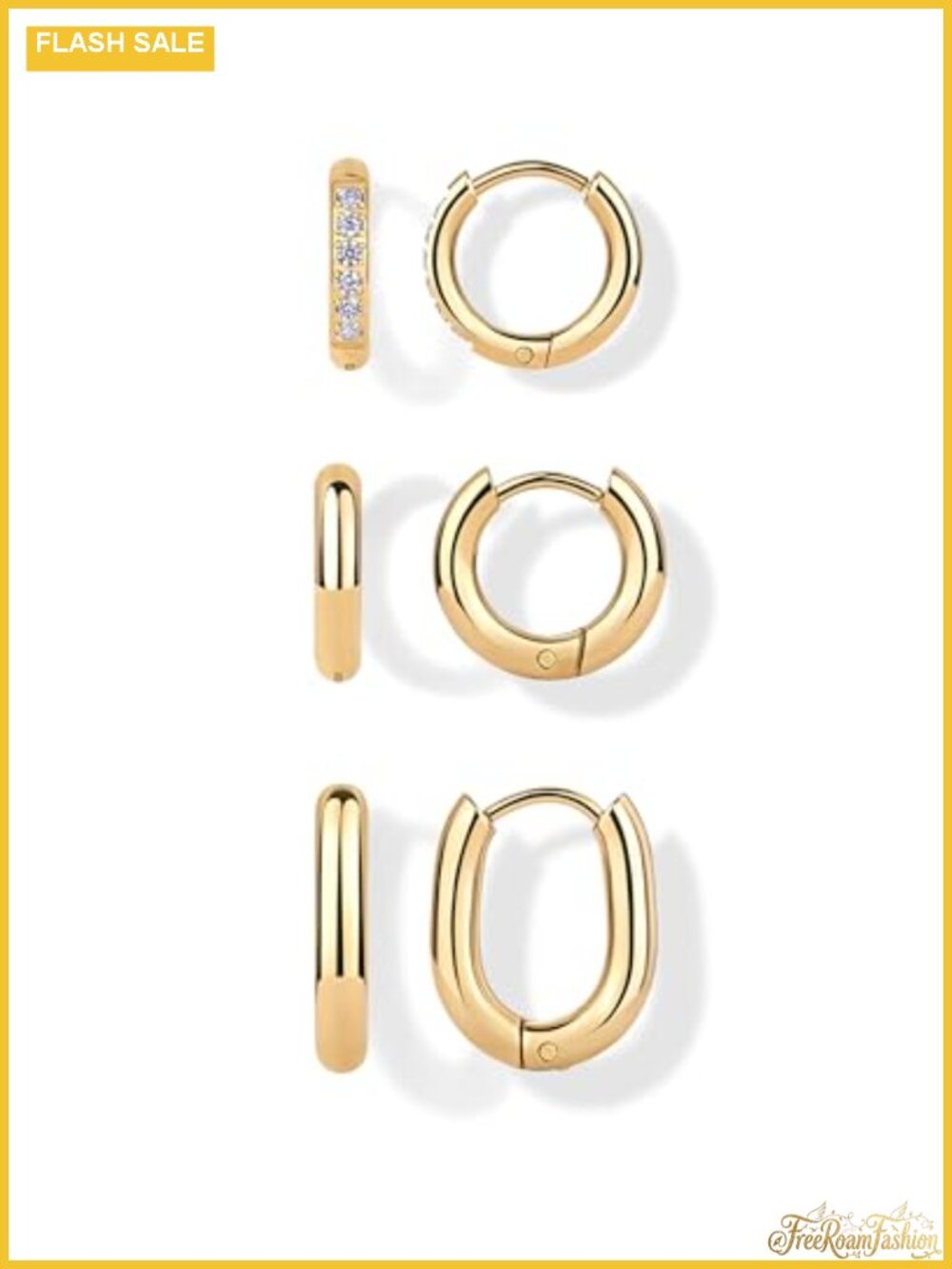 Set of 3 Waterproof Gold Plated Huggie Hoop Earrings for Women Cubic Zirconia